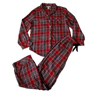 Victorias Secret Cotton Flannel Pajama Set XS Tall Long Plaid Pant Top Red Pink